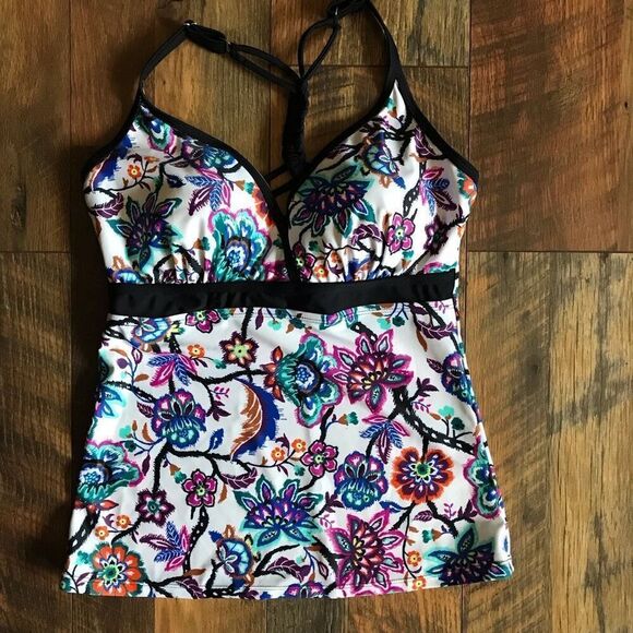Free Country white blue black floral Tankini Top T-back Padded Cups size M 8-10 - Picture 1 of 4